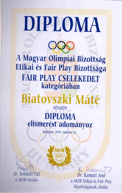 Fair Play-diplomát kapott a sághys Biatovszki Máté 